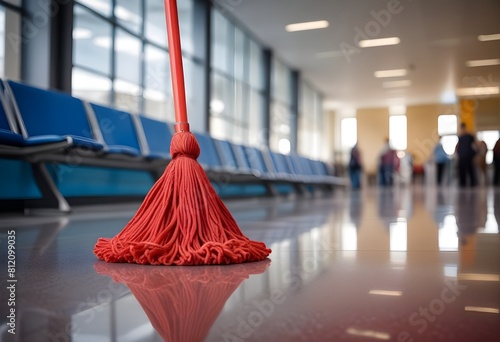 A mop on a shiny, reflective floor in a blurred indoor setting, suggesting a clean and well-maintained public space like an airport or train station