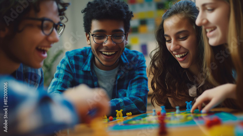 A group of friends hosting a board game night, with teenagers engaged in friendly competition and laughter as they play their favorite games. Dynamic and dramatic composition, with