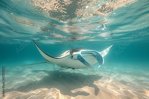 Manta ray swimming in the ocean, Underwater photo of a stingray