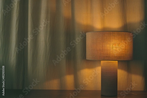Table lamp on wooden table with curtain background, vintage color tone