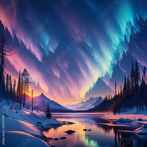 Para un fondo de pantalla inspirado en una aurora boreal, visualiza un cielo nocturno lleno de magia y misterio. En el horizonte, brillantes cortinas de colores bailan en el firmamento, pintando el ci