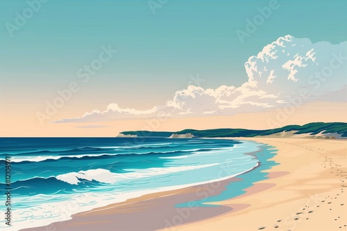 Paper cutout illustration capturing the tranquil beach and azure waters of Fraser Island at sunset.
