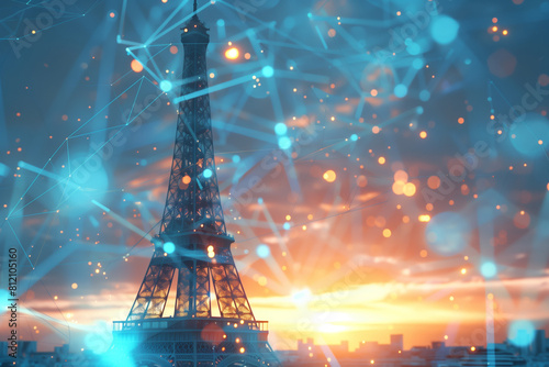 Neon blue and warm orange tones fuse over the Eiffel Tower in this dreamy vector art depiction. AI Generated