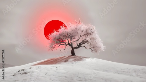 En una colina blanca, un árbol solitario con ramas delicadas y flores de cerezo se destaca contra el cielo monocromático, creando un contraste etéreo y cautivador bajo la luz cálida del sol rojo.