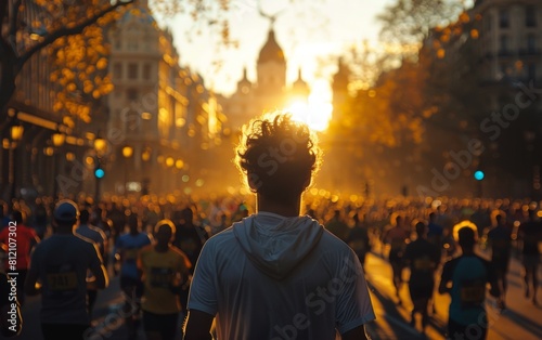 A man stands in the middle of a crowd of people, looking up at the sun. The scene is bustling with activity, with many people walking and running around. The sun is shining brightly