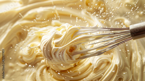 Whisk stirring creamy batter with splashes.