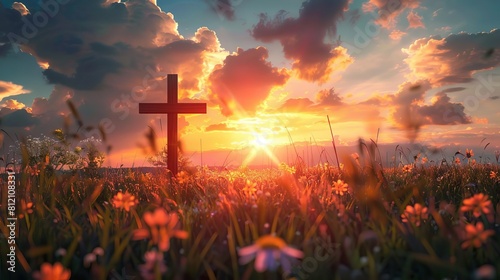 christian cross in field at stunning sunset religious faith concept illustration