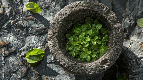 Stone mortar and fresh mint leaves.