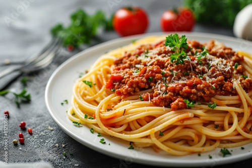Pasta on a white plate on a gray background. Bolognese sauce. Popular Italian food, Ai generated
