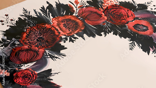 La delicadeza del diseño floral en tonos negros, rojos y púrpuras destaca en este exquisito papel artesanal, cuya composición armoniosa y gradientes sutiles ofrecen una decoración hermosa y antigua.
