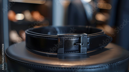 Black leather belt on display
