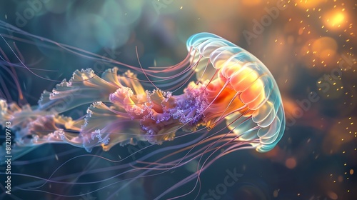 Capture an ethereal jellyfish floating in a sunlit underwater realm, its translucent tentacles gently swaying, refracting light like a dreamy iridescent ballet