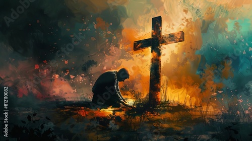 devout young man kneeling in prayer before illuminated wooden cross spiritual digital watercolor painting depicting faith and devotion