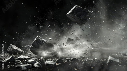 dramatic abstract composition of shattered rock boulder exploding into white dust and debris against black background dynamic 3d illustration
