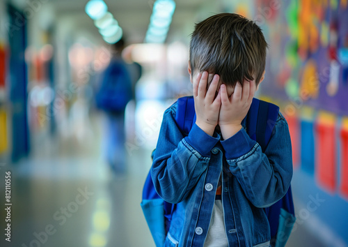 In the solitude of the school corridor, a boy stands covering his face with his hands, expressing his depression. His attitude speaks louder than words, reflecting hidden emotions and concerns.