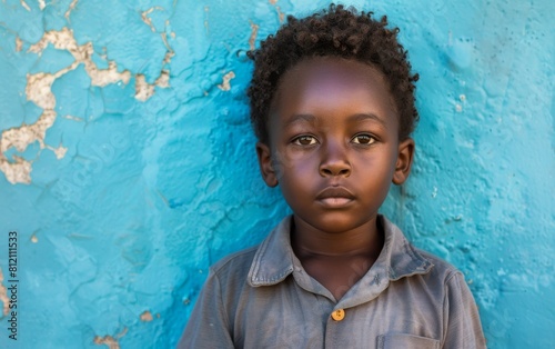 A young boy with dark hair and a grey shirt stands in front of a blue wall. He looks sad and is staring at the camera