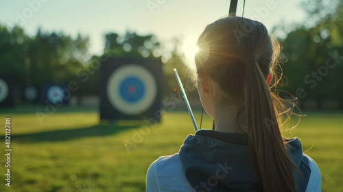 A woman preparing an arrow to shoot on a target. She is preparing for the Olympic games.