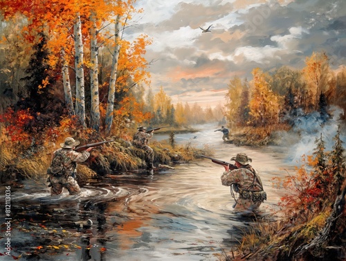 A painting of three men in camouflage uniforms hunting ducks in a river. The mood of the painting is peaceful and serene, as the men are surrounded by nature and the water