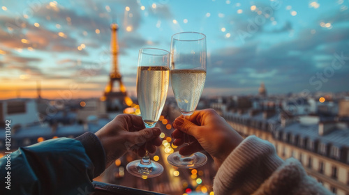A closeup of a man and woman toasting with champagne glasses, Paris in the background with the Eiffel Tower