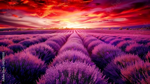 Sunrise over a lavender field: The first rays of dawn paint the sky a fiery palette above rows of fragrant lavender stretching towards the horizon.
