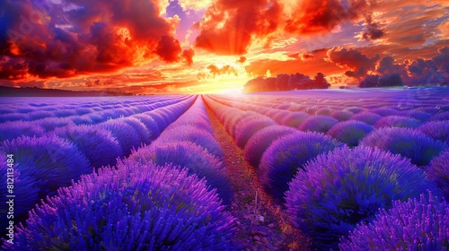 Sunrise over a lavender field: The first rays of dawn paint the sky a fiery palette above rows of fragrant lavender stretching towards the horizon.