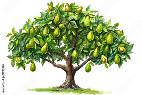 Avocado tree with ripe fruits 2D illustration Clipart 