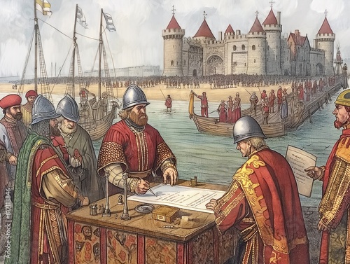 A group of people are gathered around a table with a man writing on a piece of paper. The scene appears to be historical, with a castle in the background. Scene is serious and focused