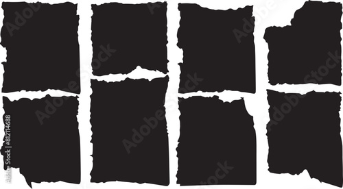 Set of jagged rectangle shape black ripped paper sheet with scratch grunge frame