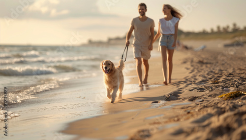 of a couple walking their dog along the beach, with the dog running ahead in excitement, showcasing a relaxing stroll and the joy of pet companionship, Happiness, Smiling, People,