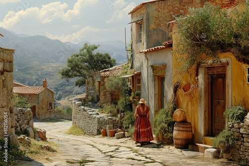 Person strolls through a picturesque stone-paved street in an old mediterranean village, surrounded by traditional houses