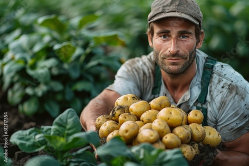 A dusty farmer proudly displays a bunch of freshly dug potatoes, with green crops in the background