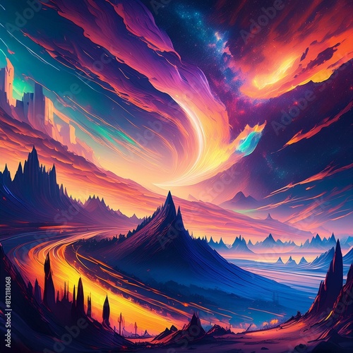 Para un fondo de pantalla de un universo abstracto, imagina un lienzo cósmico donde la realidad se transforma en una amalgama de formas y colores vibrantes. En el centro de la imagen, una explosión de