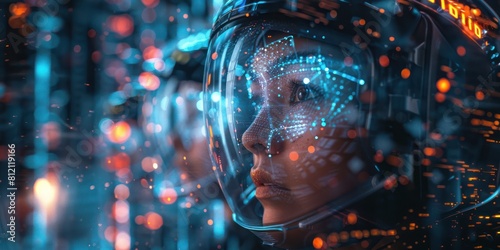 Astronaut helmet visor reflection of a futuristic city.