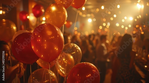 Blurred photo of a party with balloons in the foreground.