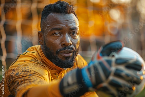 Focused soccer goalkeeper in mid-action, preparing to save a goal with determination and athleticism