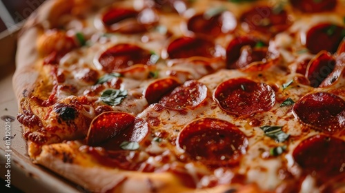 mouthwatering pepperoni pizza with gooey cheese crispy crust and savory toppings in closeup view