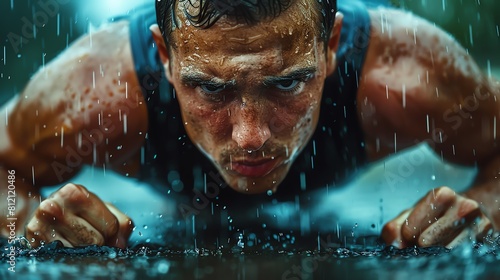Tough urban athlete training on a rainy day, determination etched on their face, pushing limits