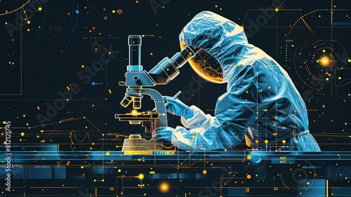 A scientist in a sterile suit analyzes a sample under a high powered microscope Sharp blue and yellow