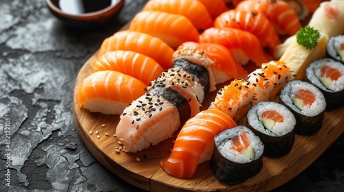 Background of sushi sashimi with meat and chopsticks