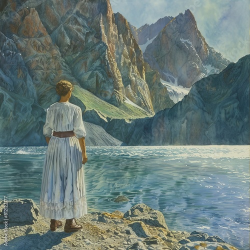 A woman stands on a rocky shore with a montain