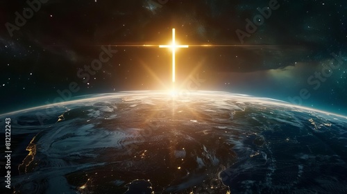 glowing cross rising above earth globe global christian mission concept digital illustration