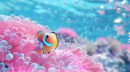 A curious clownfish emerges from a vivid pink coral surrounded by tiny sparkling bubbles in a clear blue underwater world