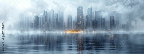 Foggy City of Wealth, Coins reshaped into skyscrapers, set against an urban skyline.
