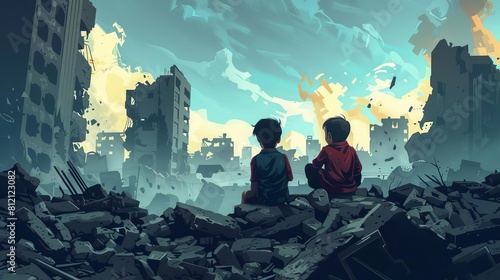 innocence lost children sitting amidst city ruins victims of war and destruction concept illustration