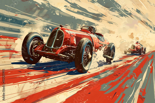 Vintage racing poster featuring classic race cars in dynamic action. Retro motorsport and racing heritage concept for design and poster
