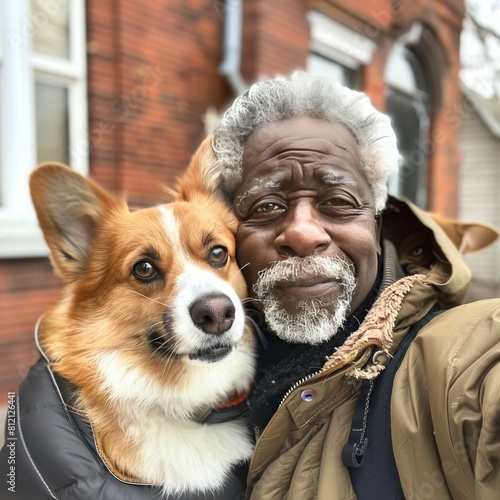 An African gray-haired elderly man takes a selfie with his four-legged corgi friend.