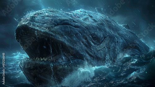 The giant sea monster is rising from the depths of the ocean