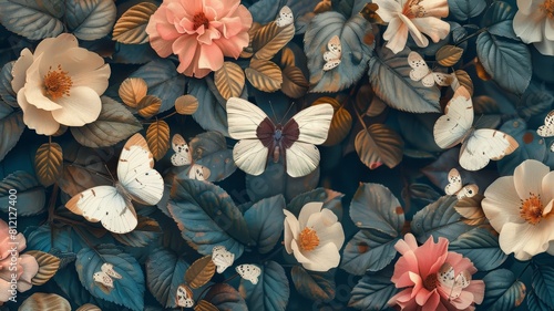 The image is a beautiful floral arrangement with a variety of flowers and butterflies