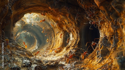The image is a dark and mysterious cave. The walls have ants working.