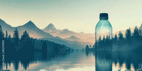  clean drinking water in a bottle against the background of a lake and mountains Generative AI